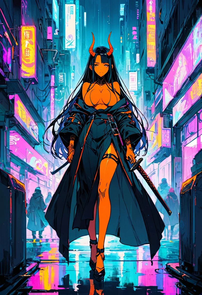 score_9, score_8_up, score_7_up, cyberpunk, whole body, (Orange skin:1.3) Dark black hair, Very long hair,,They are, Horn, (Large Breasts:1.2) , kimono, katana, (Muskyla:0.9), tall woman