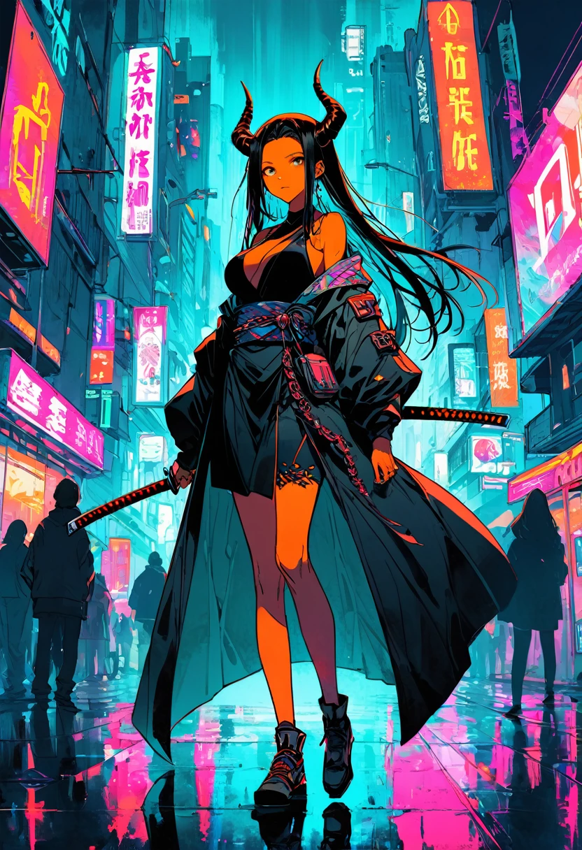 masterpiece,(bestquality),highlydetailed,ultra-detailed, cyberpunk, whole body, (Orange skin:1.3) Dark black hair, Very long hair,,They are, Horn, (Large Breasts:1.2) , kimono, katana, (Muskyla:0.9), tall woman
