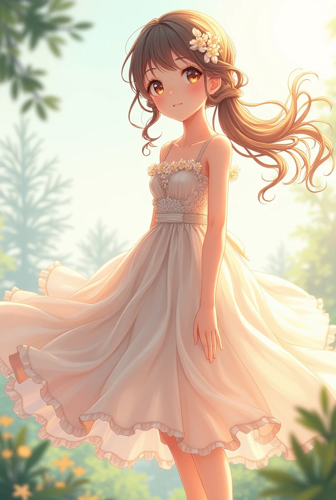 More complex summer dress design. Anime white dress girl detailed design. summer dress lace. see through jacket cute long dress. Fullbody design. Cute hair design. Flowy dress design. Little flowers on hair design.
