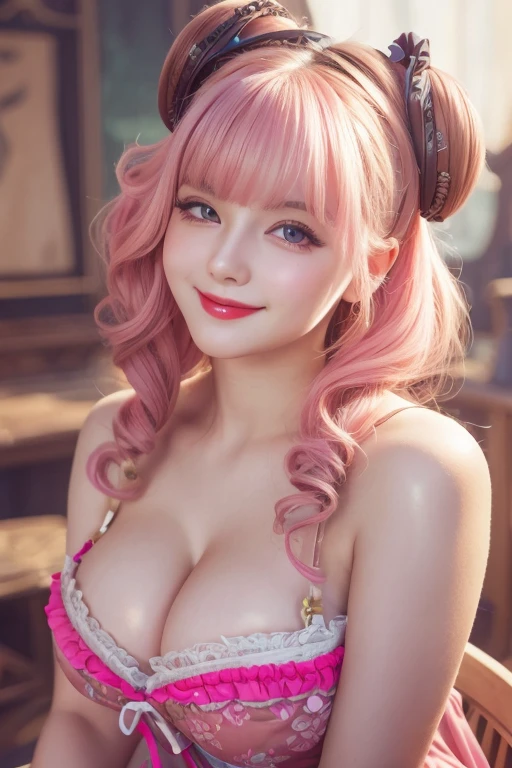 (best quality,highres),voluptuous woman with average hair, young, ta style, vibrant colors, porcelain skin, expressive eyes, playful smile, alluring charm, vintage fashion, dreamy atmosphere, soft lighting, intricate details,pink nipples,areola is very big