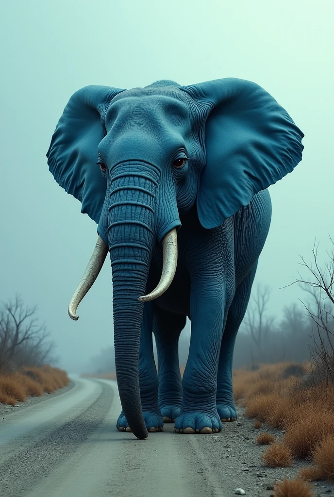A blue elephant was abandoned on the side of the road.