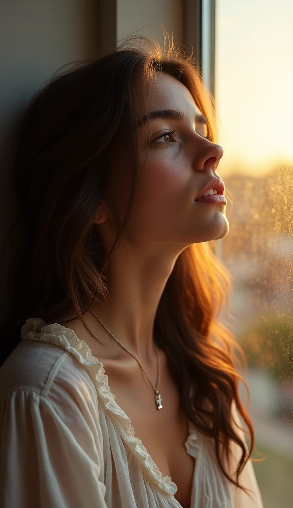 Photorealistic image of a 20 years old Christian Influencer girl, she's in against a modern window with the sun lights reflecting, she's looking straight in front, with a hopeless Sadness face look, lodging for Jesus, So Beautiful Gorgeous Caucasian Brunette Girl, wearing a small cross necklace