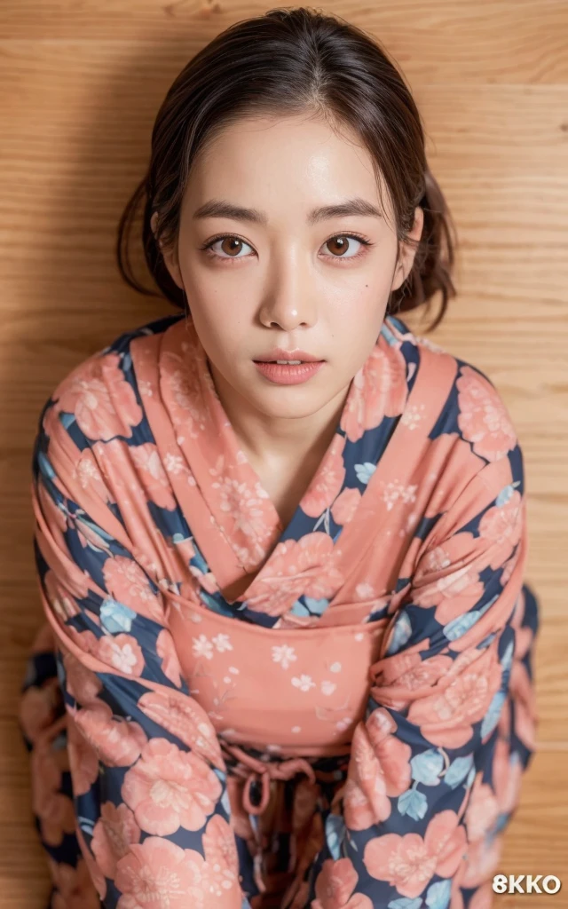 ((Highest quality, 8k, Tabletop: 1.3)), beauty, 1 Japan, big: 1.3, Dark brown hair, (Leg spread: 1.2), Detailed face, Highly detailed lips, Detailed eyes, double eyelid, Open yukata, Sweaty skin: 1.2, ((From above: 1.5))