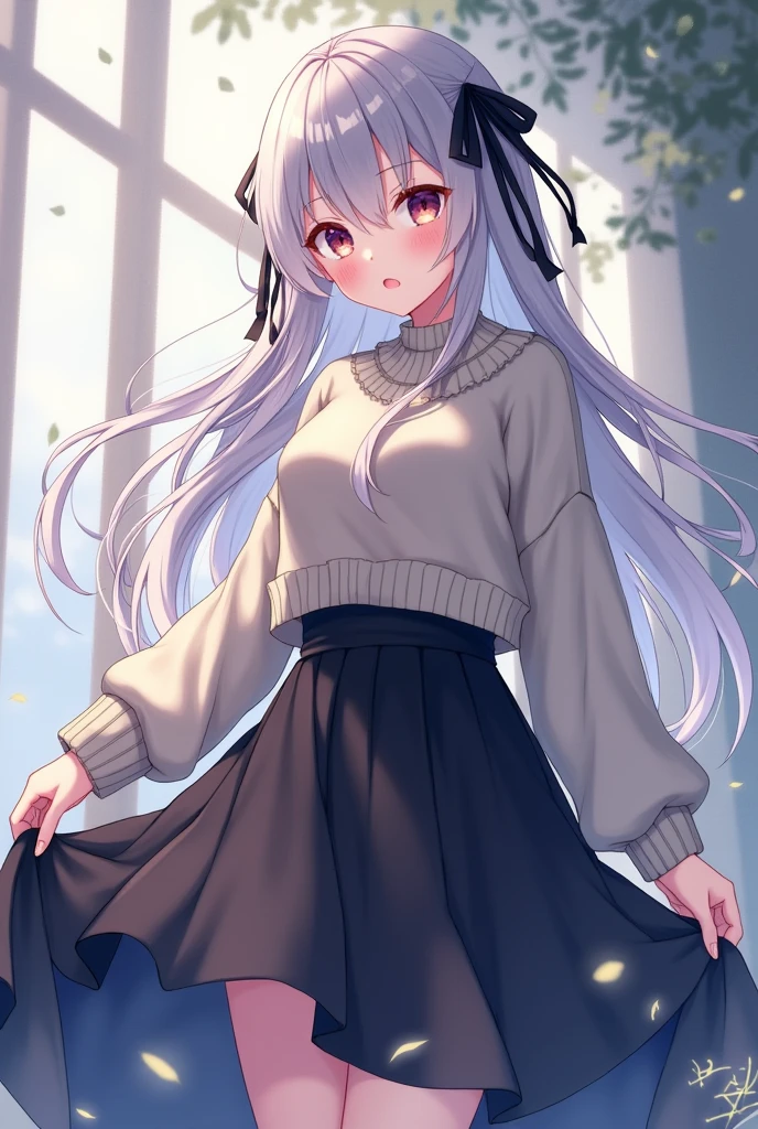 Silver Hair Black Ribbon sweater Long skirt Anime Style Short Hair