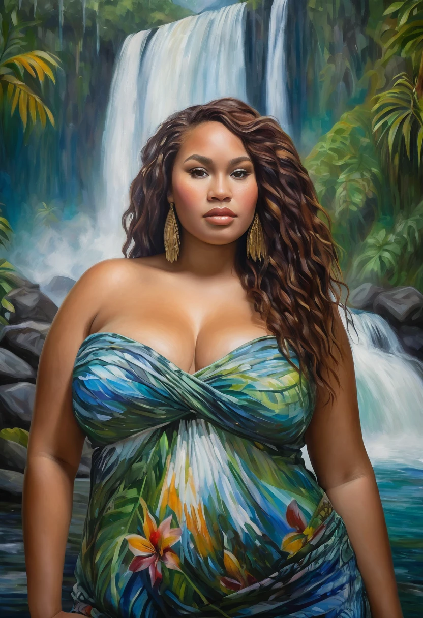 Dreamy Wonderland theme, portrait of a plus size Papua New Guinean woman against a backdrop of waterfall in impressionistic painting style. her hair and face merges into the waterfall. highly detailed painting has wide hips and huge chest. highly detailed face,"