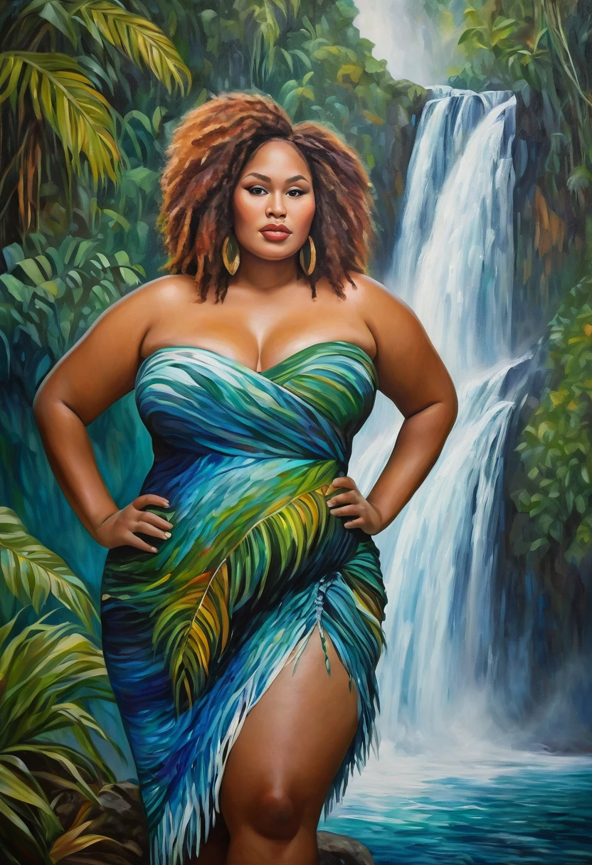 Dreamy Wonderland theme, portrait of a plus size Papua New Guinean woman against a backdrop of waterfall in impressionistic painting style. her hair and face merges into the waterfall. highly detailed painting has wide hips and huge chest. highly detailed face,"