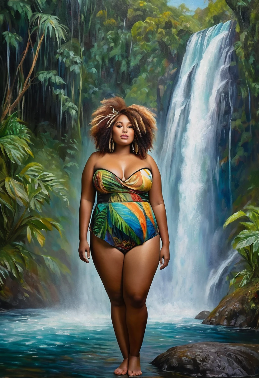 Dreamy Wonderland theme,  portrait of a plus size Papua New Guinean woman against a backdrop of waterfall in impressionistic painting style. her hair and face merges into the waterfall. highly detailed painting  has wide hips and huge chest.  highly detailed face,"