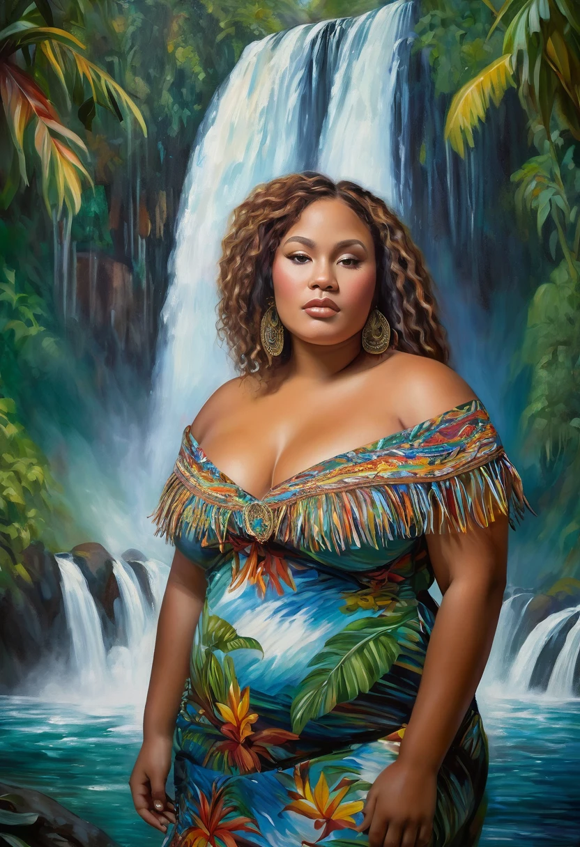 Dreamy Wonderland theme,  portrait of a plus size Papua New Guinean woman against a backdrop of waterfall in impressionistic painting style. her hair and face merges into the waterfall. highly detailed painting  has wide hips and huge chest.  highly detailed face,"