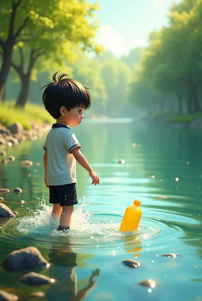 A boy named Nico,   ( Brown eyes, black hair and white skin, He is wearing a white polo shirt, black shorts and black sneakers)  is in the river, enjoying the sun. Suddenly he sees in the distance, an empty yellow plastic bottle floating in the water.