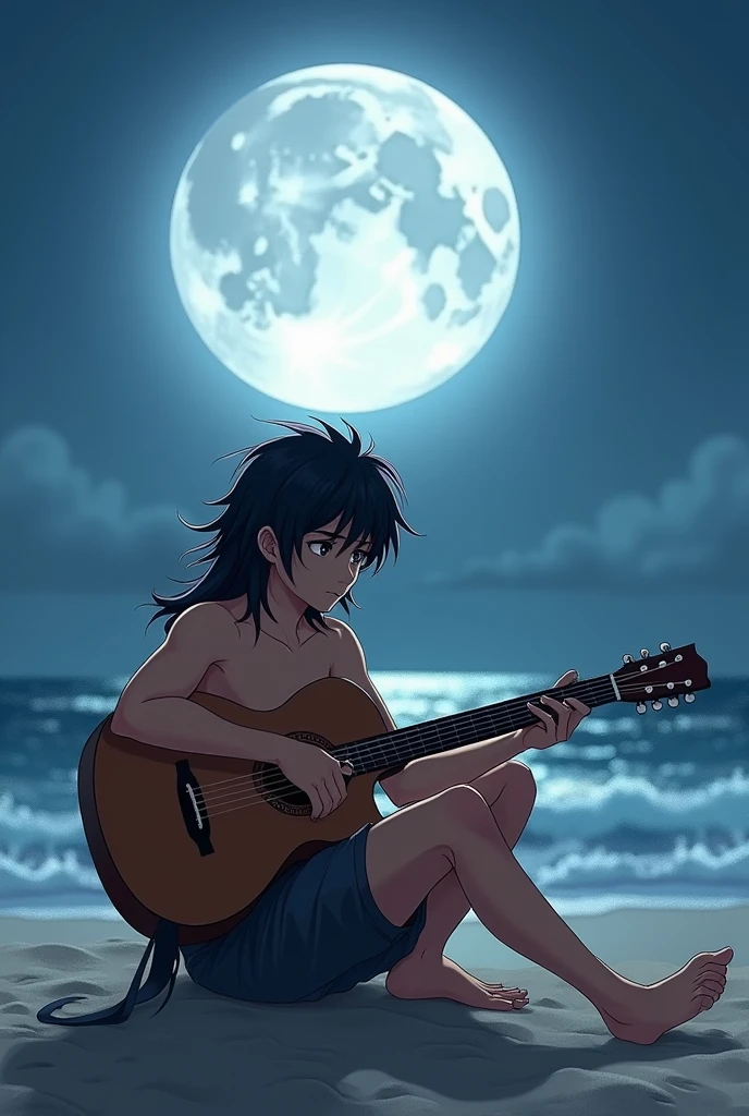 15 year old handsome boy with long hair and muscular body wearing shorts sitting on the beach with a big moon behind him playing guitar