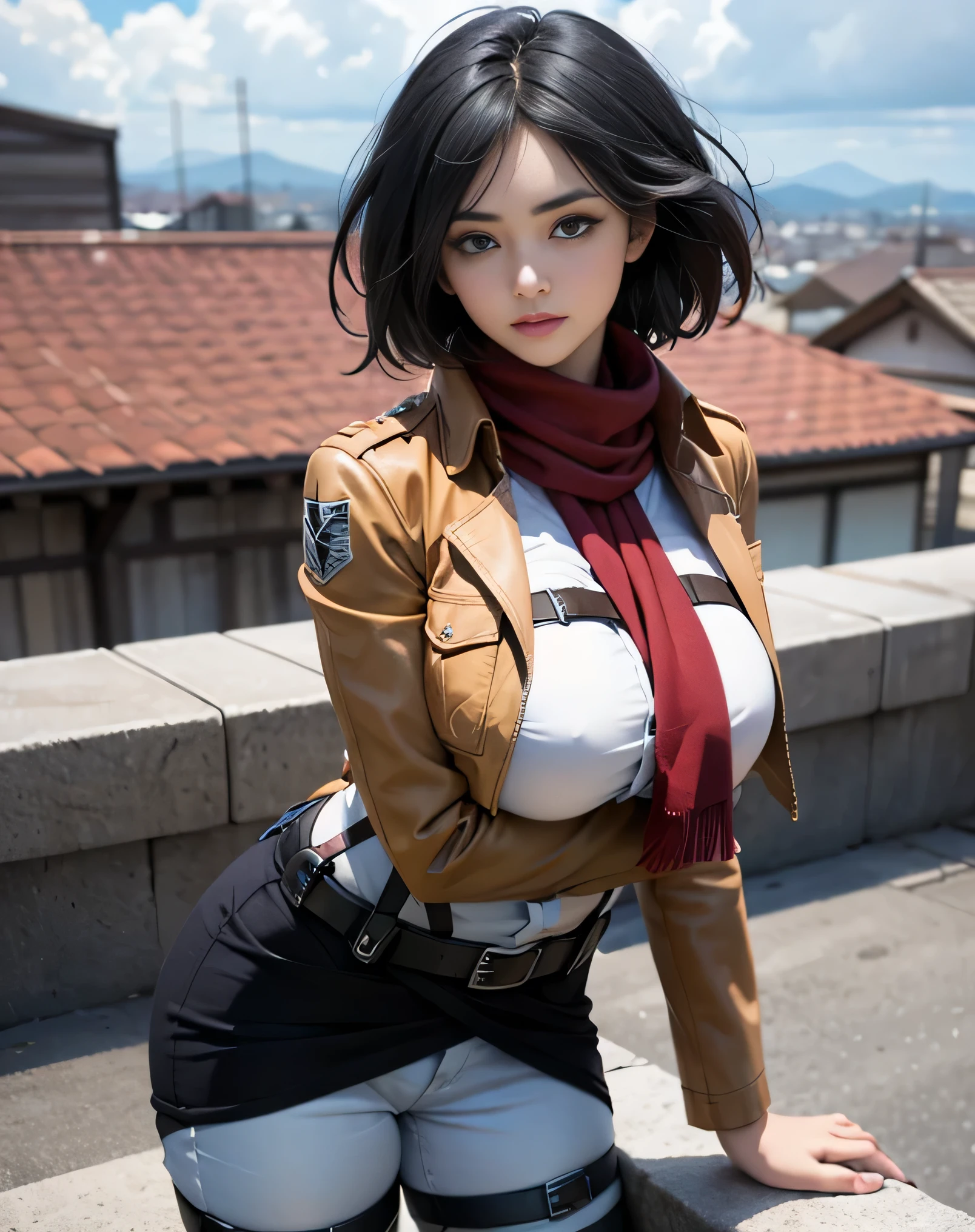 (High resolution:1.6),(1 girl:1.5),(solo, one woman:1.5),(Side angle photo),(Showing face:1.4),(Beautiful face woman:1.2),(cool beauty:1.5),(Plump lips),(Rooftop overlooking:1.2),(huge saggy breasts:1.5),(Leaning forward:1.3),(flaunt muscles:1.2),(Muscular:1.5),(looking at viewer:1.4),(sexy),(hand on knee),(Smiley:1.5),(Gorgeous Body:1.1),(Age 17:1.5),(Hair blowing in the wind:1.3),hmmikasa, short hair, black eyes, scarf, emblem, belt, thigh strap, red scarf, white pants, brown jacket, long sleeves,Mikasa Ackerman ,(cute:1.3),