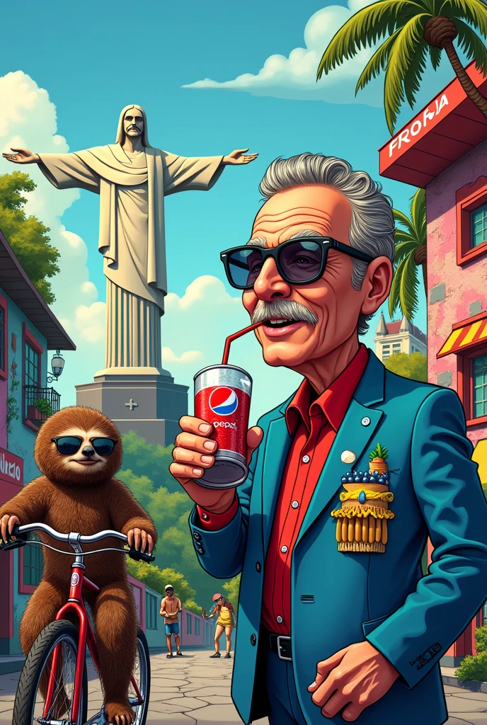 Cartoon with Rui Barbosa drinking Pepsi, sloth with sunglasses, Christ the Redeemer and a graffiti-style bicycle