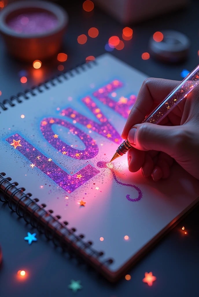 A mesmerizing, hyper-realistic 16K 3D illustration captures a magical moment of pure creativity. A talented artist is masterfully sketching a heartfelt message, "LOVE", in a notebook. The text is composed of vibrant, color sepia stars that smoothly transition through the entire spectrum. The artist's hand, holding a transparent pen filled with radiant stars, is detailed exquisitely, symbolizing boundless creativity and imagination. The background is a three-dimensional sketchbook setting with tered throughout, adding depth and dimension to this captivating, graffiti-inspired scene. The illustration radiates energy, movement, and vibrant colors, making it a true work of art that celebrates creativity and imagination., gra, cinematic, vibrant, graffiti, painting, typography, product, illustration, photo, 3d render, fashion, dark fantasy