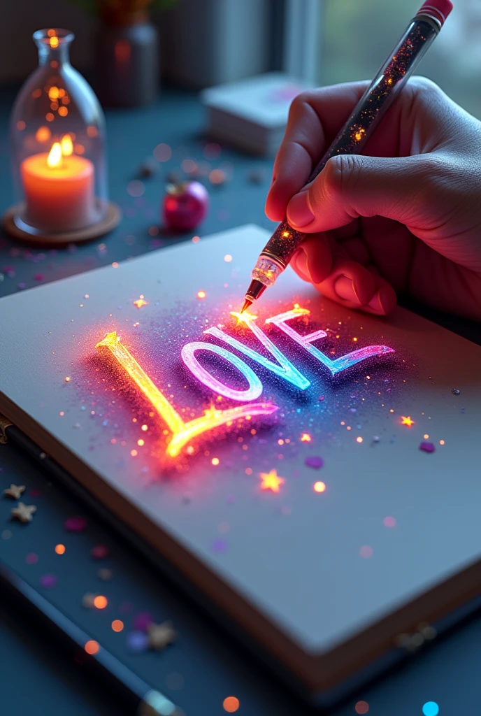 A mesmerizing, hyper-realistic 16K 3D illustration captures a magical moment of pure creativity. A talented artist is masterfully sketching a heartfelt message, "LOVE", in a notebook. The text is composed of vibrant, color sepia stars that smoothly transition through the entire spectrum. The artist's hand, holding a transparent pen filled with radiant stars, is detailed exquisitely, symbolizing boundless creativity and imagination. The background is a three-dimensional sketchbook setting with scattered throughout, adding depth and dimension to this captivating, graffiti-inspired scene. The illustration radiates energy, movement, and vibrant colors, making it a true work of art that celebrates creativity and imagination., gra, cinematic, vibrant, graffiti, painting, typography, product, illustration, photo, 3d render, fashion, dark fantasy