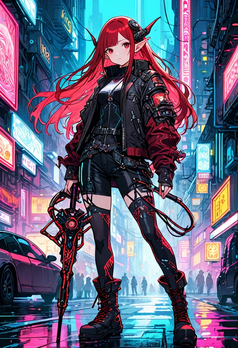 full body, Cute Girl, elf, cowboy shot Wizard, pointed ears, masterpiece,(bestquality),highlydetailed,ultra-detailed, 1 girl,(black and red tones),(mechanical),(cool),(biodesign),( biomechanics),long hair,(wires and tubes),(futuristic outfit),(leather jacket),(combat boots),(in a cyberpunk city with neon lights),(holding a magic staff)