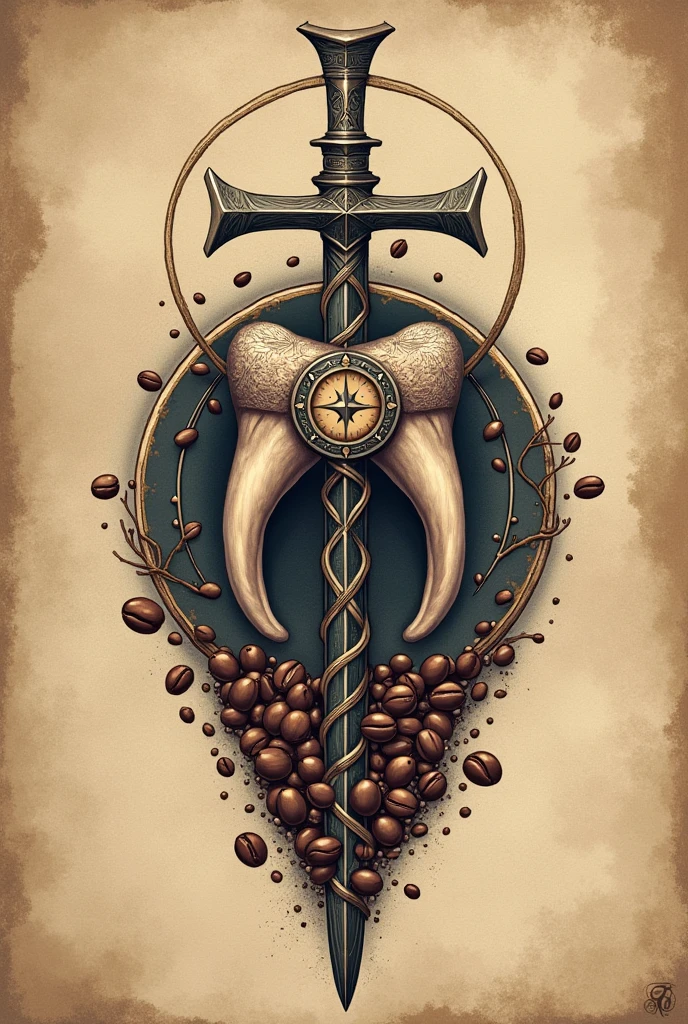 Viking Vegvisir Tattoo, with a two-rooted tooth, coffee beans and the musical rune. With the date of March 24, 2023