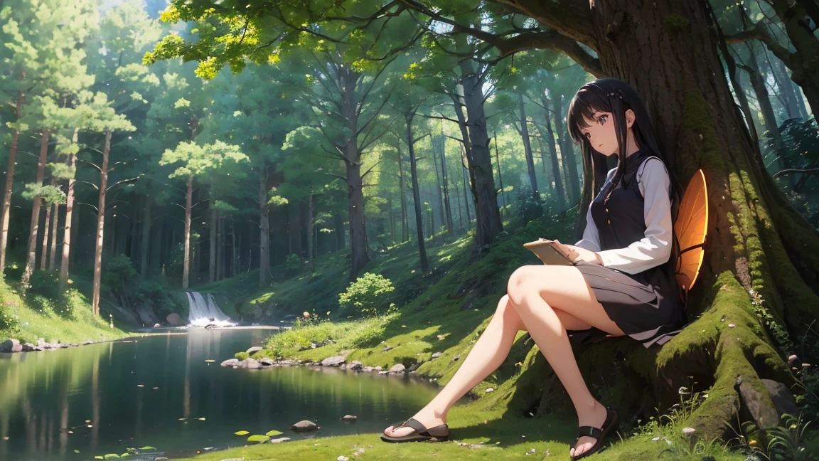 (4K images:1.3),Anime-like image,High resolution,Very beautiful illustration,A fantastic atmosphere,Girl sitting in the forest,Fairy,Ghibli-inspired design,Her hair color is dark brown.、bonfire