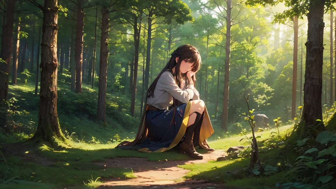 (4K images:1.3),Anime-like image,High resolution,Very beautiful illustration,A fantastic atmosphere,Girl sitting in the forest,Fairy,Ghibli-inspired design,Her hair color is dark brown.、bonfire
