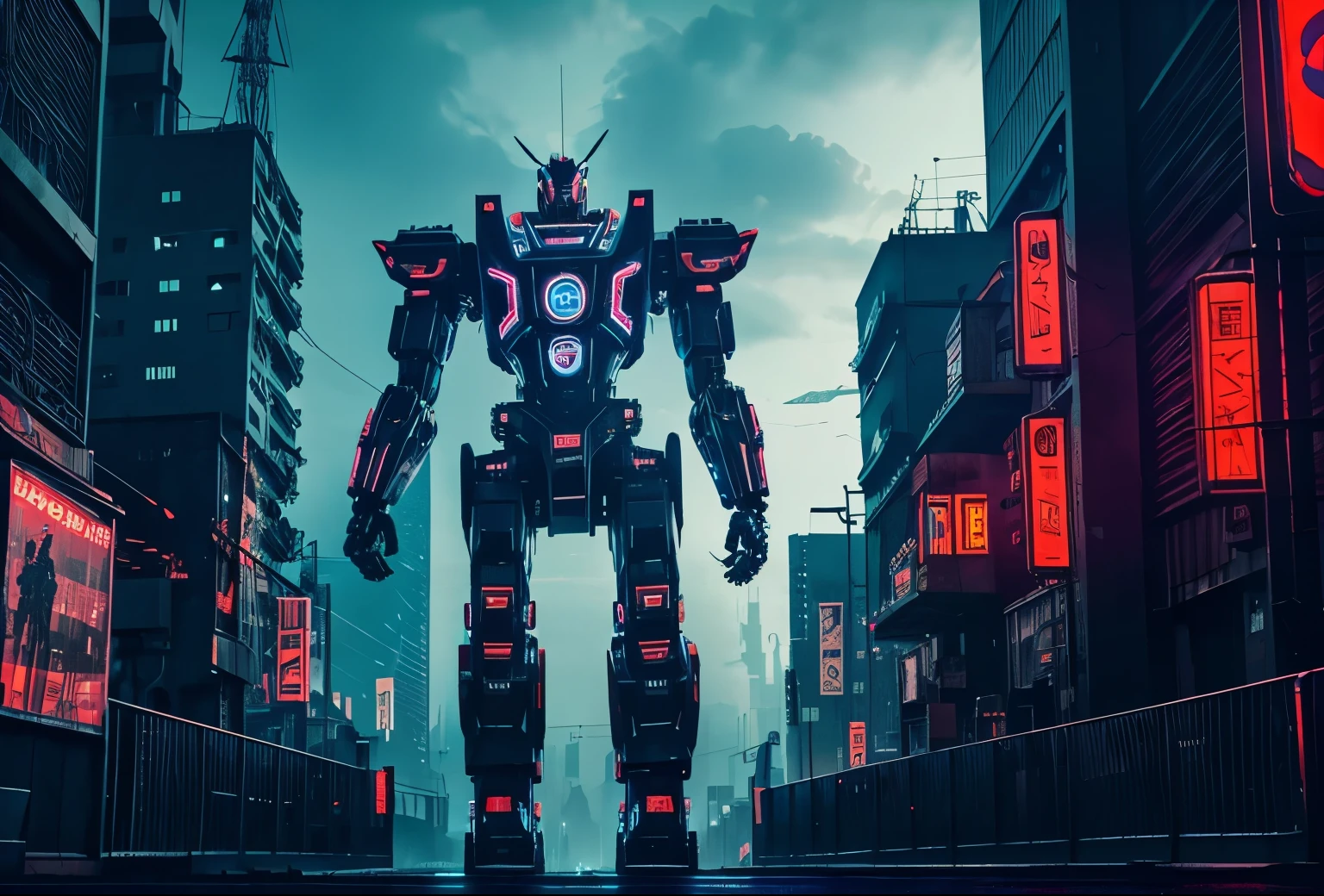giant robot stilt, high detailed mechanical robot, electricity absorbing from city, cyberpunk, dark futuristic cityscape, dystopian, glowing neon lights, dramatic lighting, moody atmosphere, cinematic, 8k, highly detailed, photorealistic