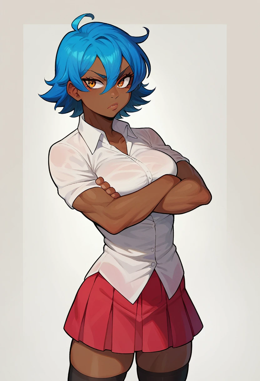 score_9, score_8_up, score_7_up, BREAK gogobomango, 1girl, solo, dark skin, dark-skinned female, blue hair, hair between eyes, toned, skirt, thighhighs, collared shirt, crossed arms,