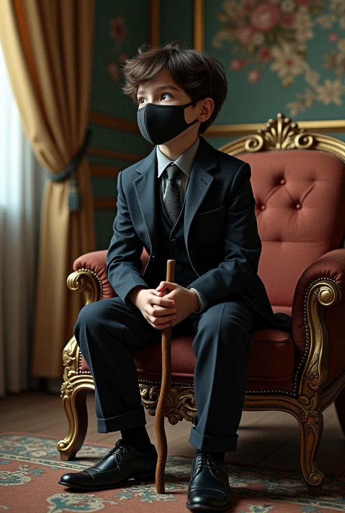 Sitting on a chair with a stick, handsome boy wearing a mask, in a beautiful room.