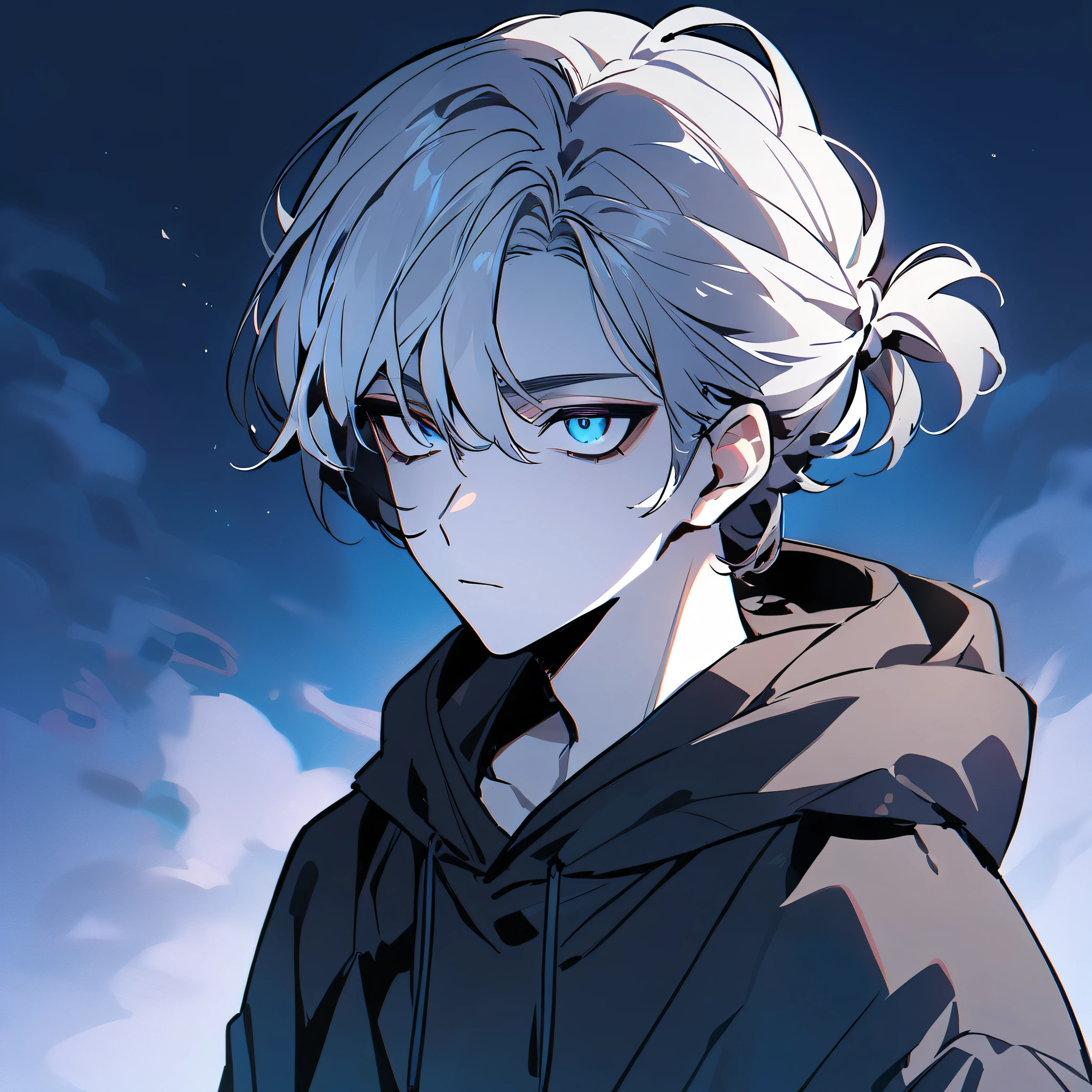 Man with shoulder-length white-gray hair in a mallow hairstyle, blue tired eyes, pale skin, wearing a black hoodie
