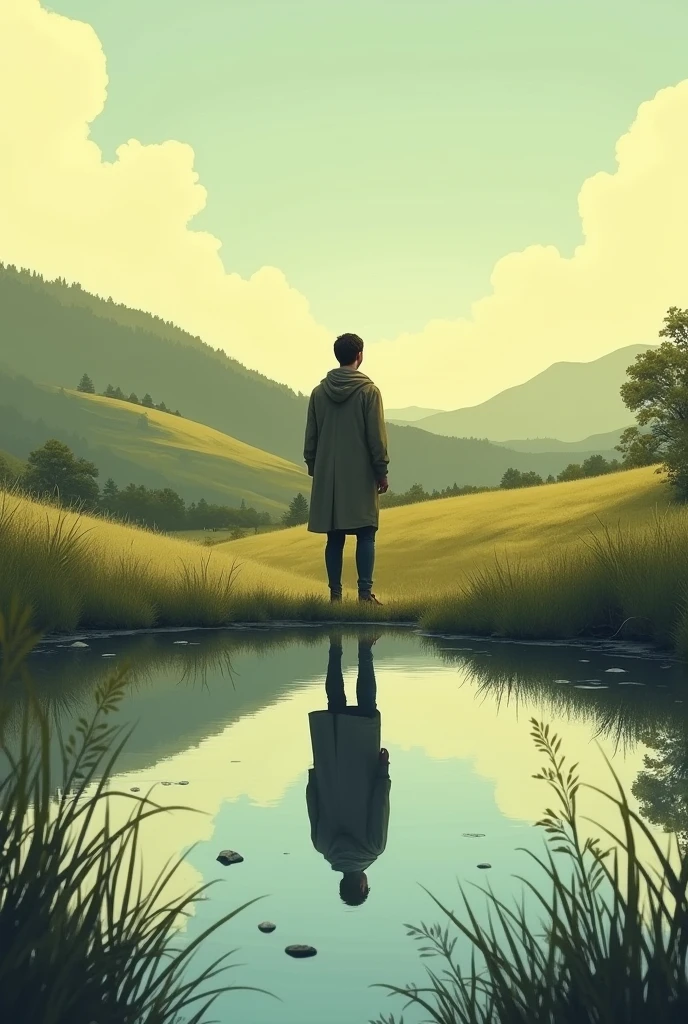 A person alone but contemplating his reflection with a landscape in the background