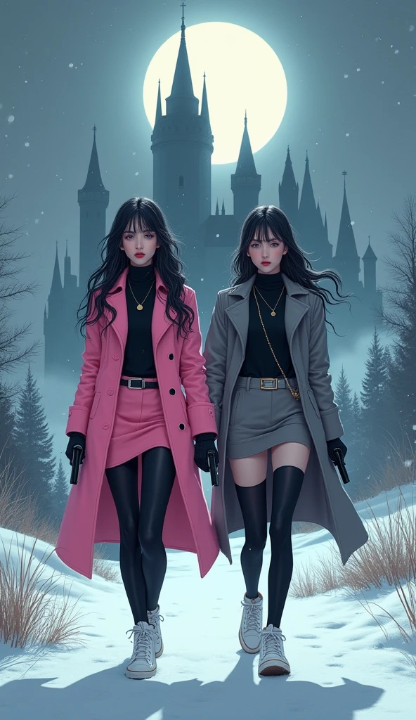 Two girls, long black hairs, yuri, Vampire Hunters
The first girl wear a pink long coat, black shirt, pink pencil skirt, black underpants, black tights, black gloves, black socks, white sneakers high top.
The second girl wore a grey long coat, black shirt, grey pencil skirt, black underpants, black tights, black gloves, black socks, white sneakers high top.
holding a handguns, walking to the moon on the snow foggy, snowing, vampire castle, grey blue sky, moon, cartoon novel, 4K, HD