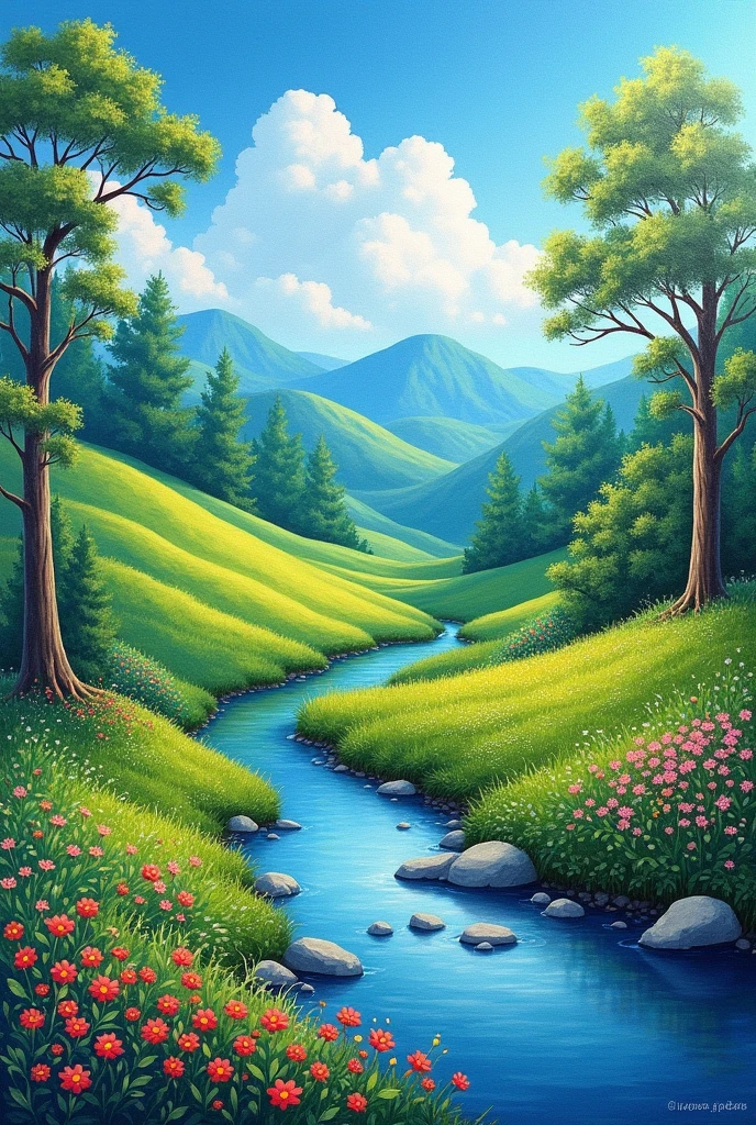 create a landscape nature scenery that is wasy to imitate with oil pastel and crayons (landscape not portrait please)