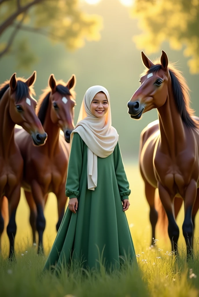 A cute
muslim women wore green dress and white hijab and playing with some hores with sunlight