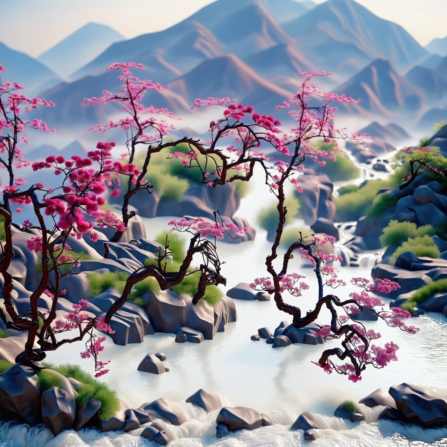(White background), (Digital art,ink:1.2)， (Oriental elements, Chinese color, Advanced color matching),  (3D sculpture，Render by Octane，Volumetric light，natural soft light), (Super exquisite:1.2, Loss of focus:1.2, Very colorful, movie lighting, chiaroscuro,Ray tracing), Mountain, river, tree,flower