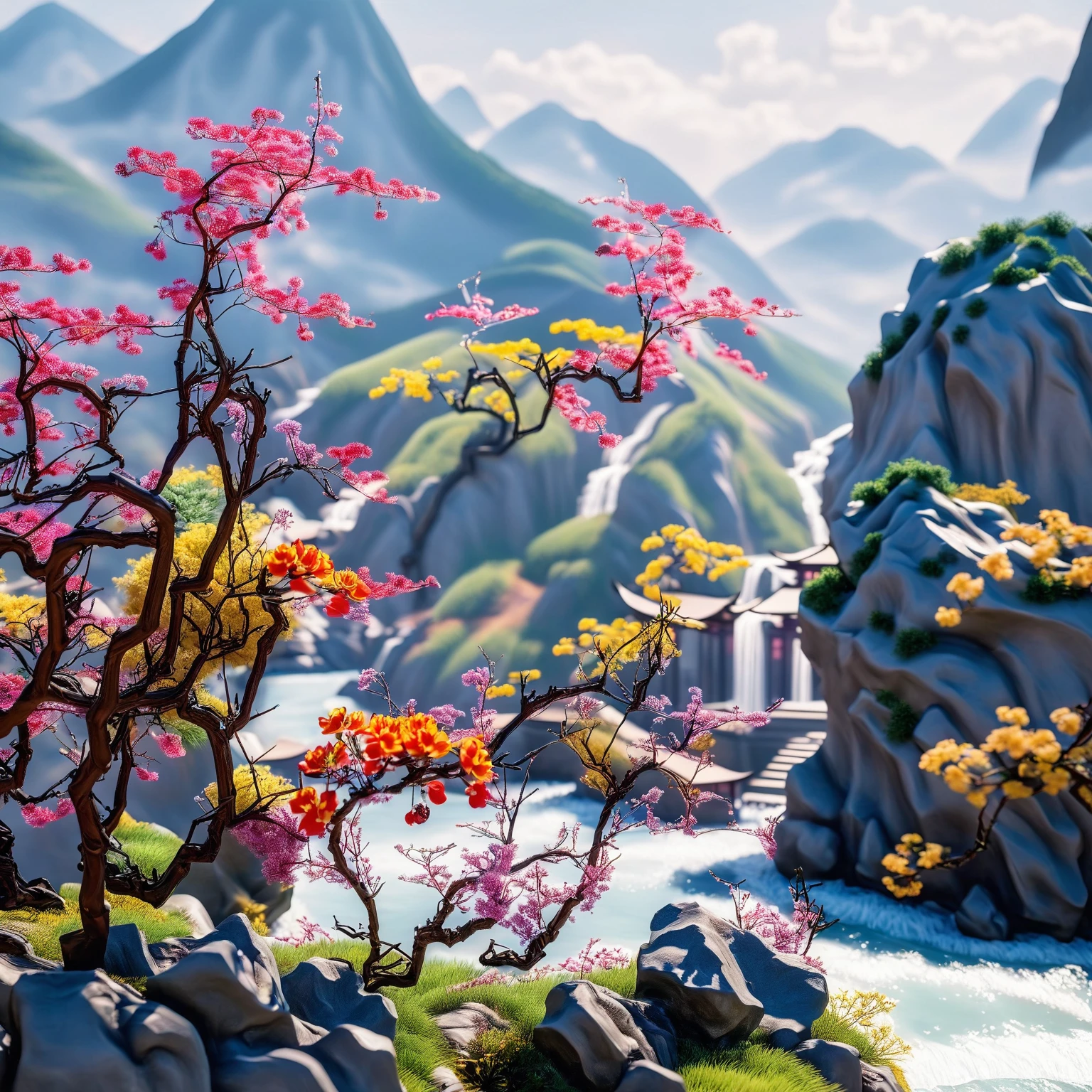 (White background), (Digital art,ink:1.2)， (Oriental elements, Chinese color, Advanced color matching),  (3D sculpture，Render by Octane，Volumetric light，natural soft light), (Super exquisite:1.2, Loss of focus:1.2, Very colorful, movie lighting, chiaroscuro,Ray tracing), Mountain, river, tree,flower