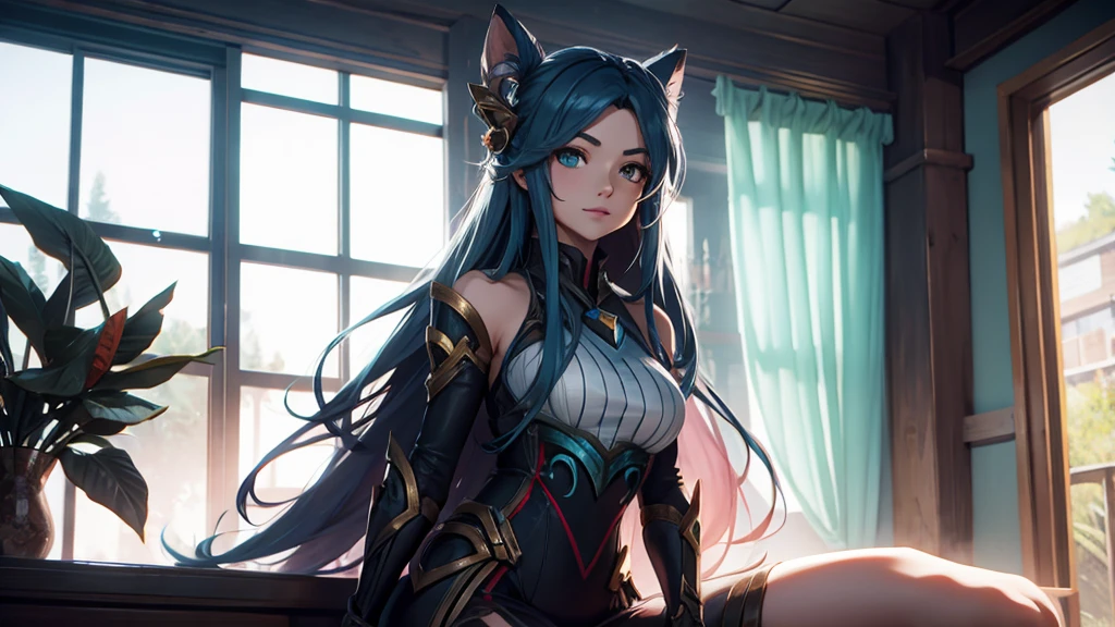 Make a girl in a futuristic setting in a house in the countryside. She must look like the character Irelia from League of Legends. She must be sitting and smiling!