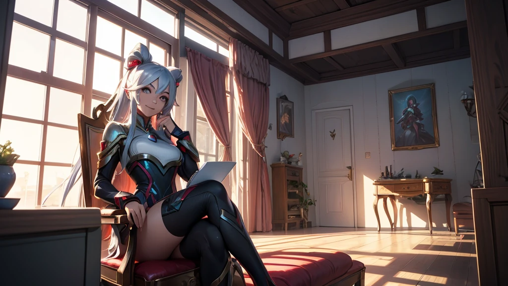 Make a girl in a futuristic setting in a house in the countryside. She must look like the character Irelia from League of Legends. She must be sitting and smiling!