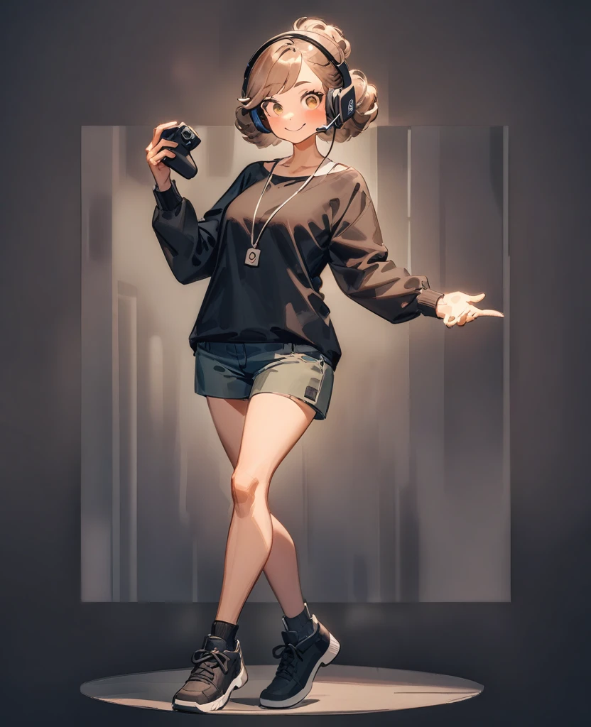 stylish,
women,
gamer,
full body,
energetic pose,
muted colors,
earth tones,
subtle accents,
gaming headset,
casual-chic outfit,
modern influence,
holding game controller,
cheerful expression,
natural hairstyle,
soft background,
digital art style,
balanced details,
YouTube icon worthy,
approachable design,
relaxed attitude,
warm lighting,
subtle textures,
comfortable gaming setup,
friendly demeanor,
lively eyes