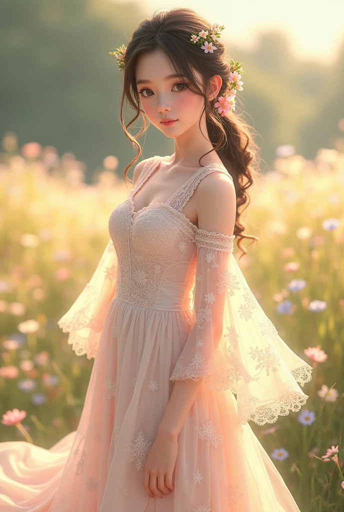 More complex summer lace dress design. Anime white dress girl detailed design. summer dress lace. see through jacket cute long dress. Fullbody design. Cute hair design. Flowy dress design. Little flowers on hair design.