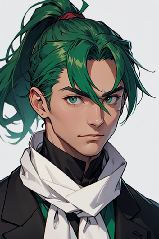 White neckerchief around the neck、Black Suit、green haired man、ponytail、