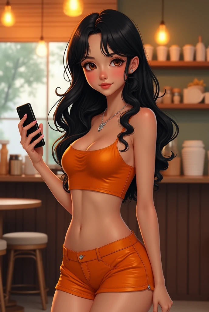 I want a human girl who has cute and adorable face wearing short skirt and Orange crop top . She has wave hair black colour and her skin is rather white. He hold a phone and pose like a child holding a small bag at coffee shop.