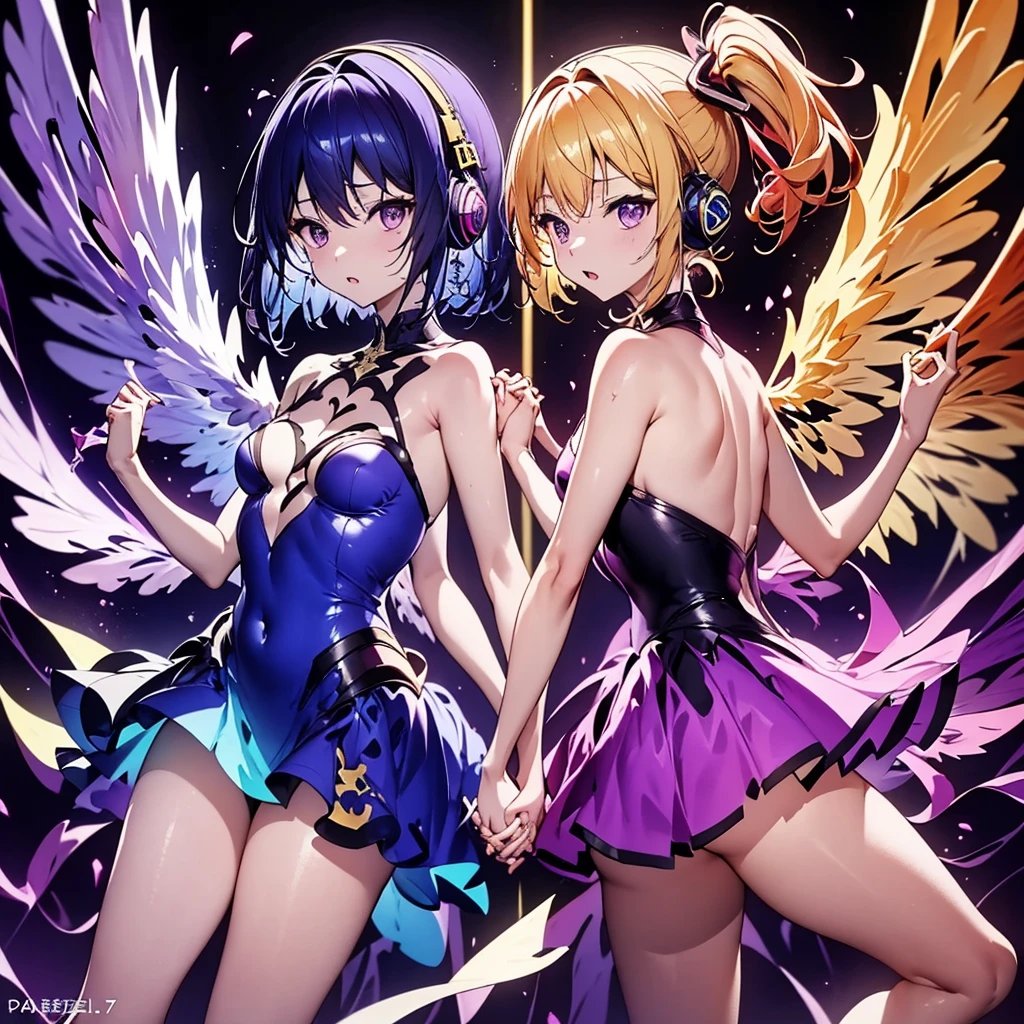 ((Highest quality)), (detailed), Holding hands and standing back to back, dark blue hair, short hair, long bangs, large chest, purple eyes, white headphones, large wings, long side ponytail, flames, average size, small chest, long blonde hair, purple eyes、Idol、Holding hands and standing back to back.0、Yellow and purple light cube background 1.7、Idol衣装1.6、Anatomically correct 2.0、Two people 2.0、Pastel 0.6