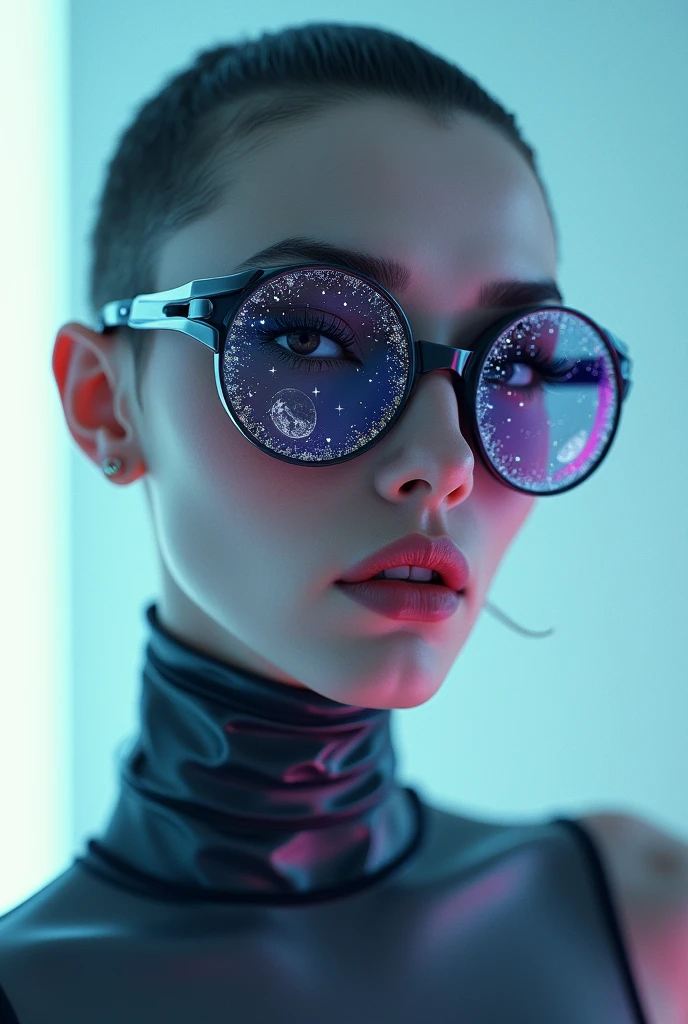 The model is wearing glass sunglasses with stars and the moon on the glass