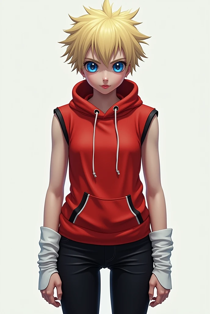 body hair: blond, curto e espetado, with a pronounced tuft.
eyeballs: big teats, blue and with an intense shine.
vestimentas:
t - shirt: vermelha, sleeveless, with a hood (or turtleneck) that extends to the nape of the neck. The hood has a black drawstring for adjustment and white details on the edges of the sleeves..
Trousers: black, tight and with a modern cut Arms White bands that cover the forearm leaving the hands exposed