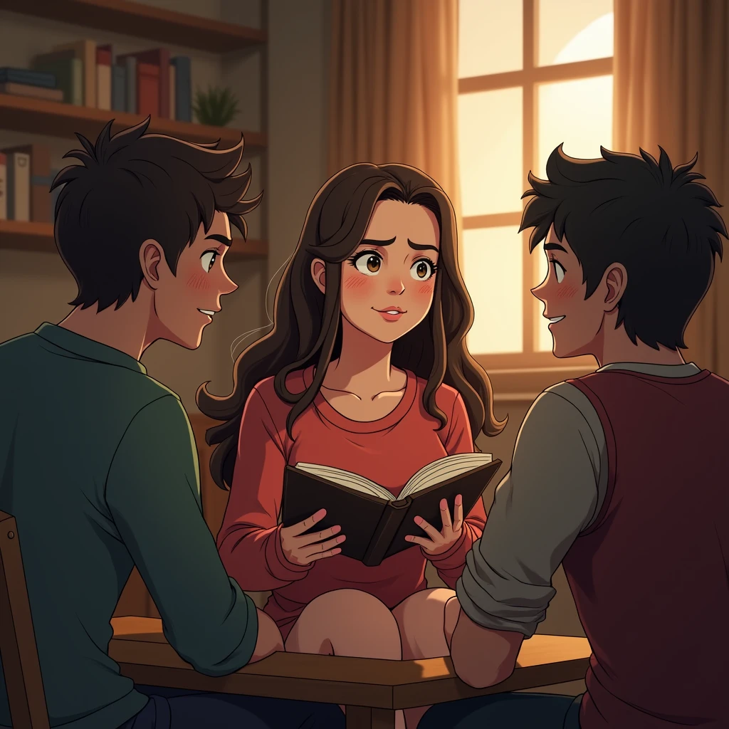 Sara is in a room with a book in her hand And she is telling her two friends how hard it is to get the stone And both friends are her boys