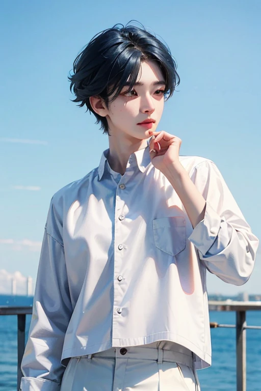 blue hair, White skin, 18 years old, super detail, masterpiece, 8k, 1 boy, korean, amazing, Idol appearance, high quality, Refreshing, high quality, Idol hair, white shirt, black pants, Beautiful androgynous man, boy, A delicate and positive man, Refreshing, summer, sky blue background, clear, Natural lighting, Fujifilm, Make your eyes look more natural