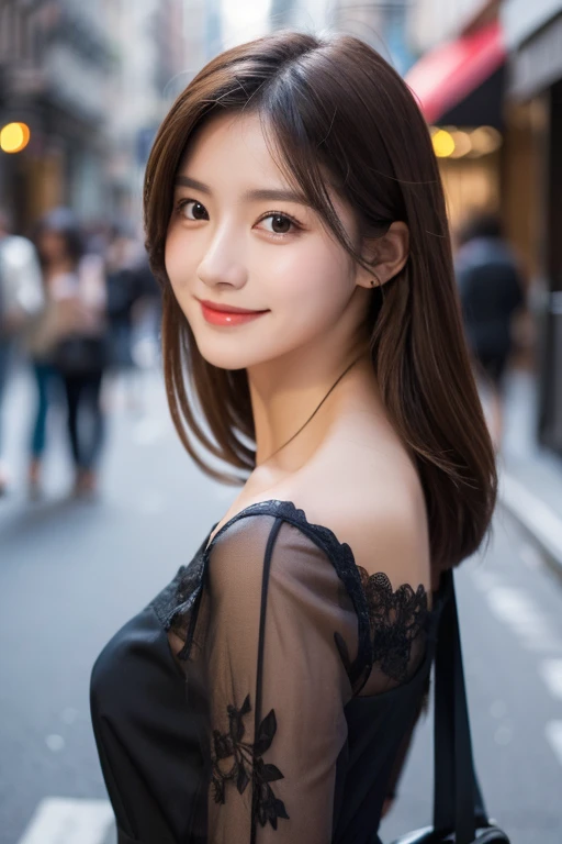 ((best quality, 8k, masterpiece :1.3)), 1 girl, smiling, whole body, face slimming, pretty Woman, (Dark brown hair), full length dress :1.1, Super detailed faces, delicate eyes, double eyelids, blurred background, face slimming, City, external, street,