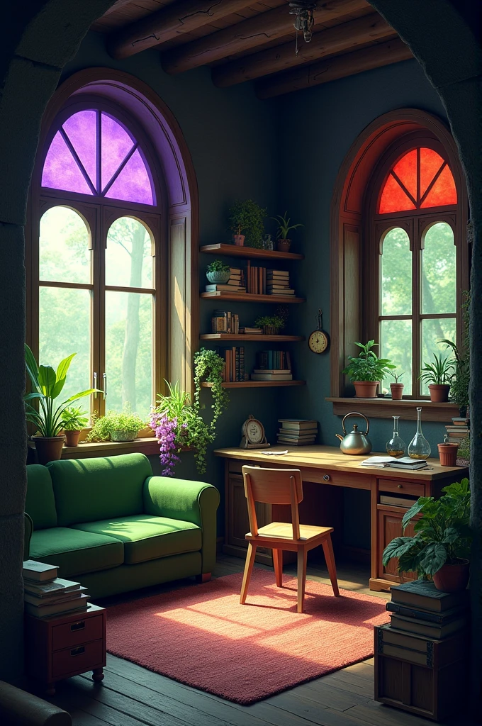 The inside of a square hut with purple and right windows. The color scheme is dark brown and dark green. The hut seems mysterious The hut consists of only one room, which looks like a mixture of living room, Workroom and laboratory. Colorful plants stood on the window sills of the two large arched windows. On the wall opposite the door stood a small green sofa surrounded by bookshelves. On the left side in front of the window was a large desk made of dark wood, on which some books were scattered. Opposite it stood a kettle and a few shelves with corked glass flasks.
