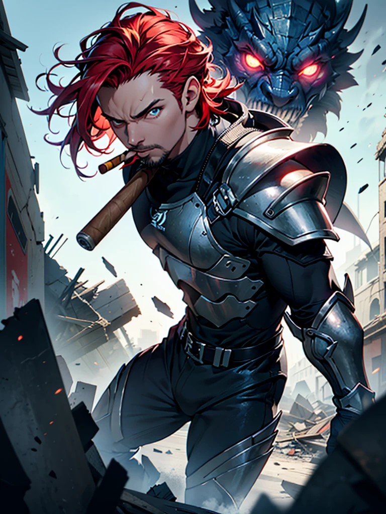 A masterful, ultra-detailed, 8k, HDR, physically-based rendering portrait of a short male character with slicked-back red hair, a goatee, and one blue eye and one left eye with a black glass lens and a red glowing dot, wearing the Kaiju 8 armor, standing on debris in a destroyed town background with a Kaiju in the background, holding a machine gun and smoking a cigar, dramatic lighting, vivid colors, slim facial features, pointy chin, armor color black with gray accents, anime style