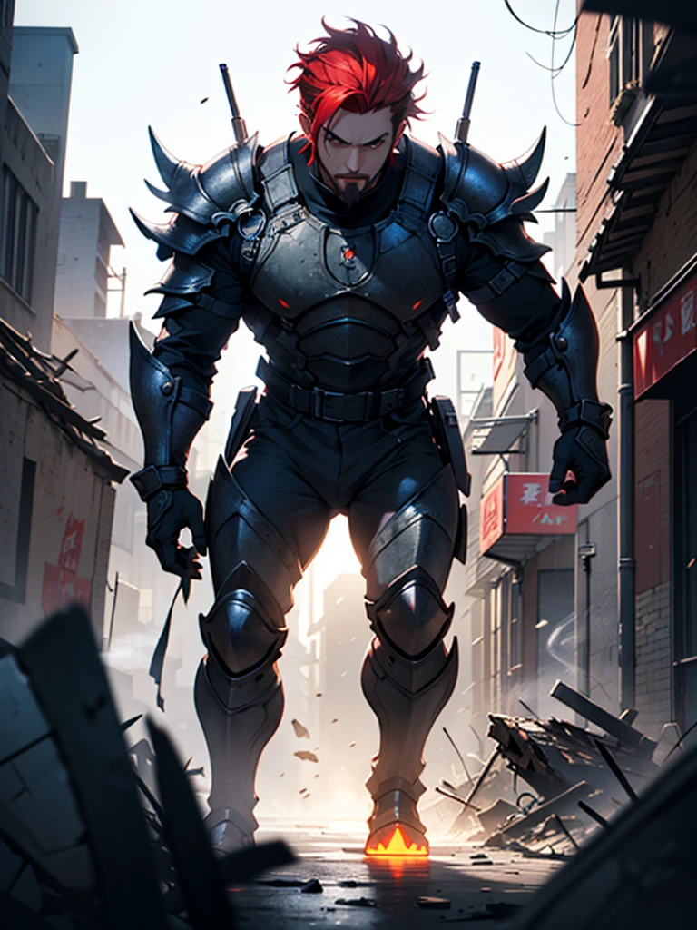 A masterful, ultra-detailed, 8k, HDR, physically-based rendering portrait of a short male character with slicked-back red hair, a goatee, and one blue eye and one left eye with a black glass lens and a red glowing dot, wearing the Kaiju 8 armor, standing on debris in a destroyed town background with a Kaiju in the background, holding a machine gun and smoking a cigar, dramatic lighting, vivid colors, slim facial features, pointy chin, armor color black with gray accents, anime style