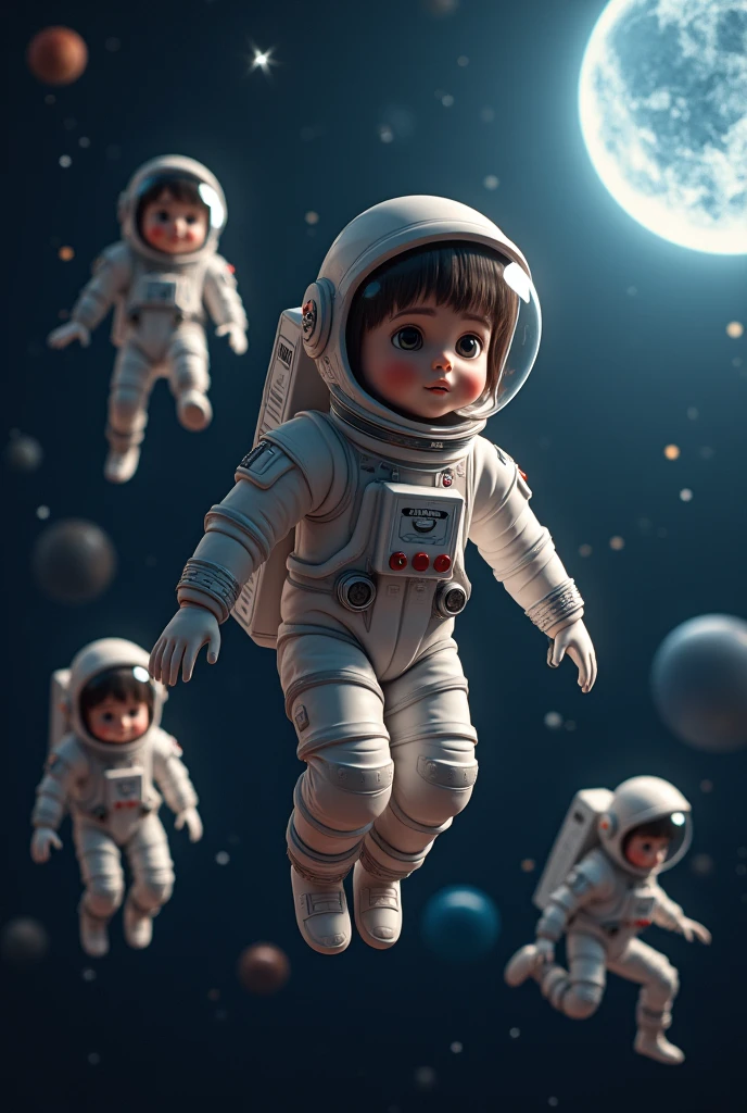 Many children wear a astronaut suit floating in space are learning about planet and spere