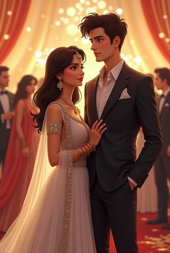 A girl in a white formal silk anarkali
Dark brown shoulder length open hairs
Bangles bindi and dupatta
With a man in formal suit
Tall man
White skin messy brown hairs
Standing in a wedding reception
