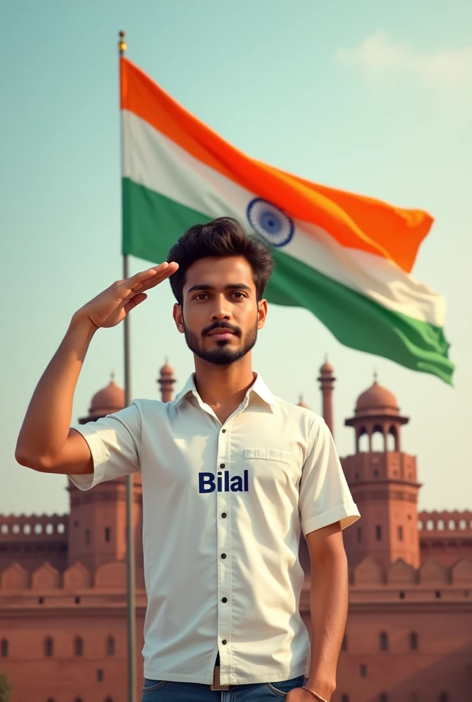 Hi can u create a perfect 15 August Independence day portrait
White colour shirt print Bilal on my chest
The Background show Red fort
Salute the Indian flag